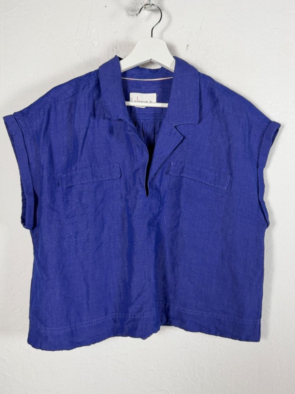 Anthropologie Boxy Cropped Camp Shirt Womens Large Cobalt Violet Blue Linen Top